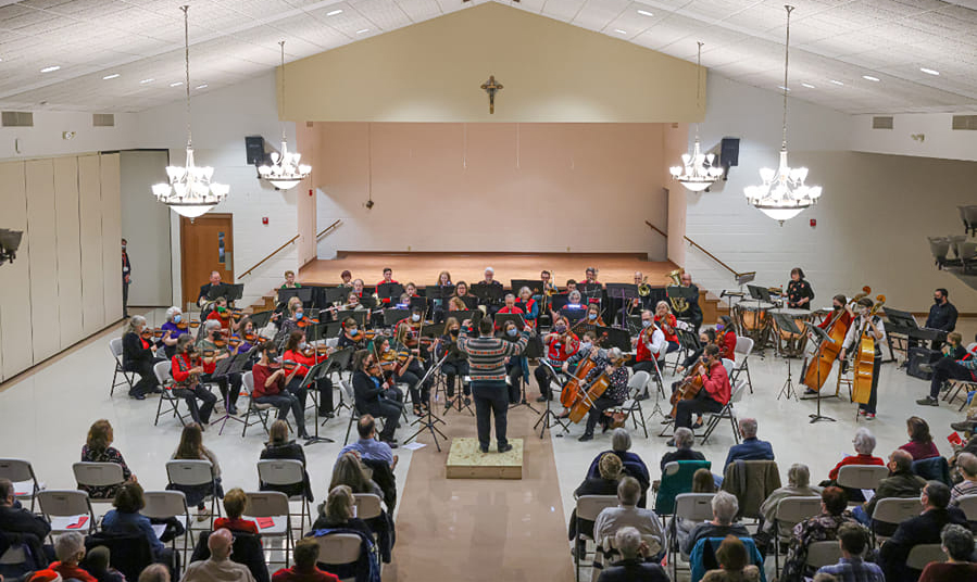 Overhead view of the orchestra and audience at their 2021 Christmas Concert at St Adalbert Church